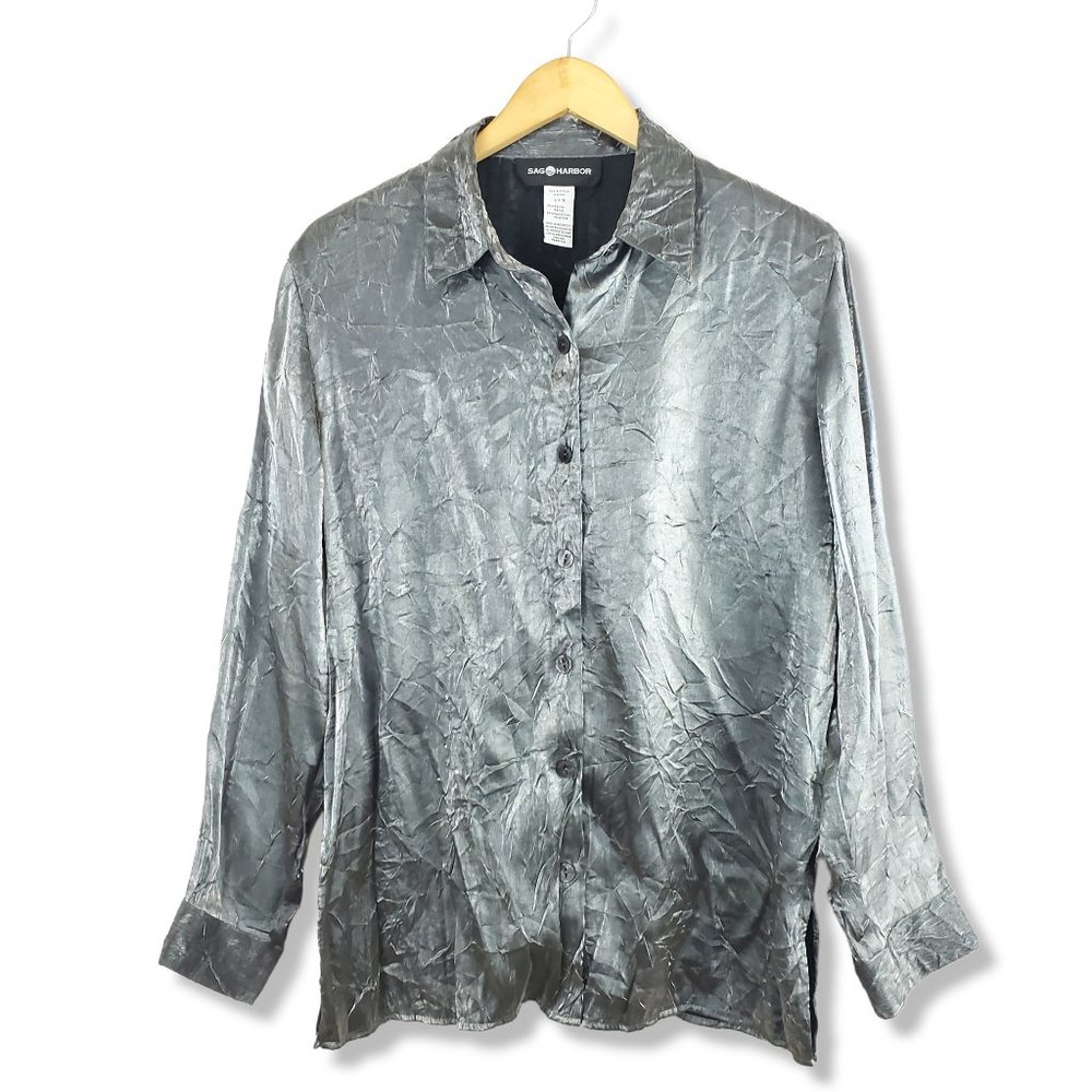 Sag Harbor Charcoal Metallic Grey Crinkle Button-up Blouse Size 10